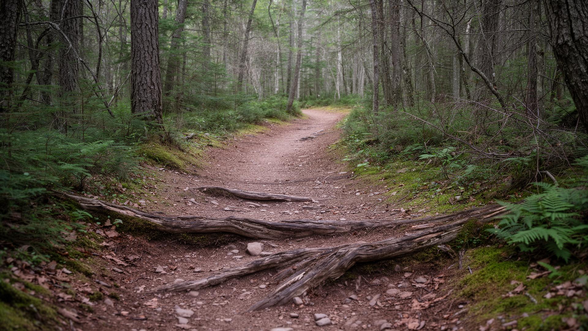 A narrow forest path with exposed roots, ferns, and moss along its edges, curving gently into the trees under soft natural light.